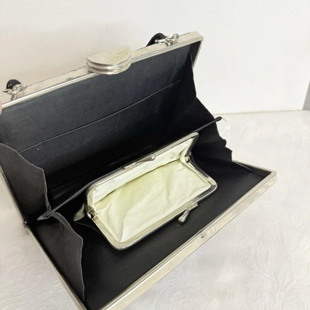 Vintage black Hinged suede evening bag silver frame 'H' logo interior coin purse